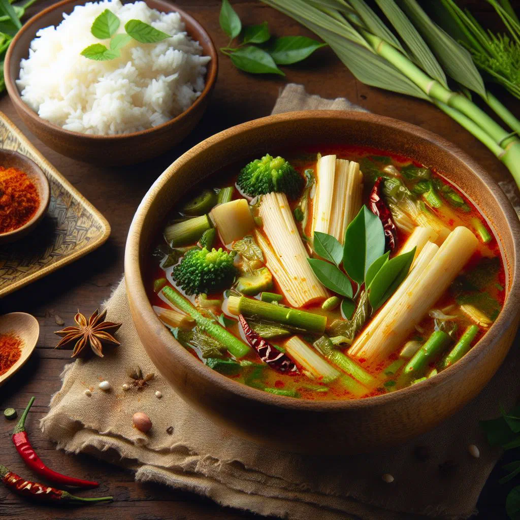 A bowl of Laotian bamboo shoot curry with coconut milk and fresh herbs
