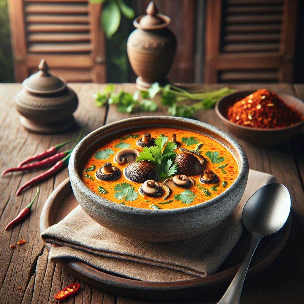 Bowl of creamy Laotian mushroom coconut curry garnished with fresh herbs
