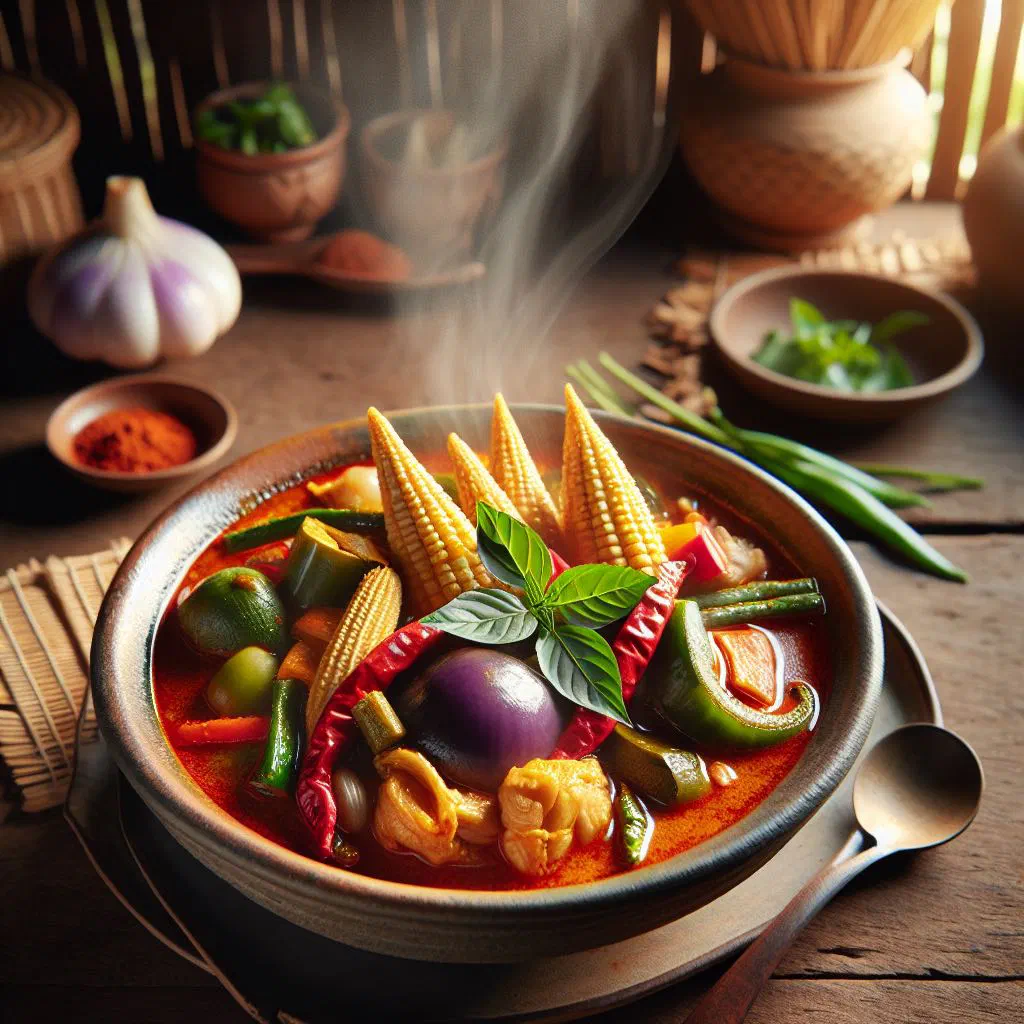 A bowl of Gaeng Pa soup with vegetables, chicken and fresh herbs