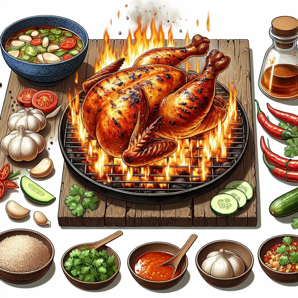 Grilled kai yang chicken with fresh herbs and lime wedges