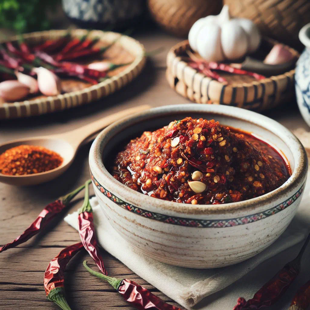 Deep red Laotian jeow bong chilli paste in a small bowl