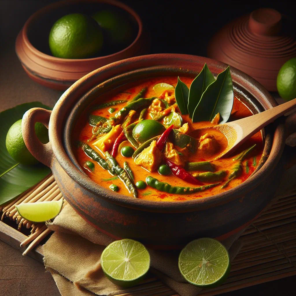 A bowl of Kaeng Kua coconut curry with chicken, green beans and fresh basil