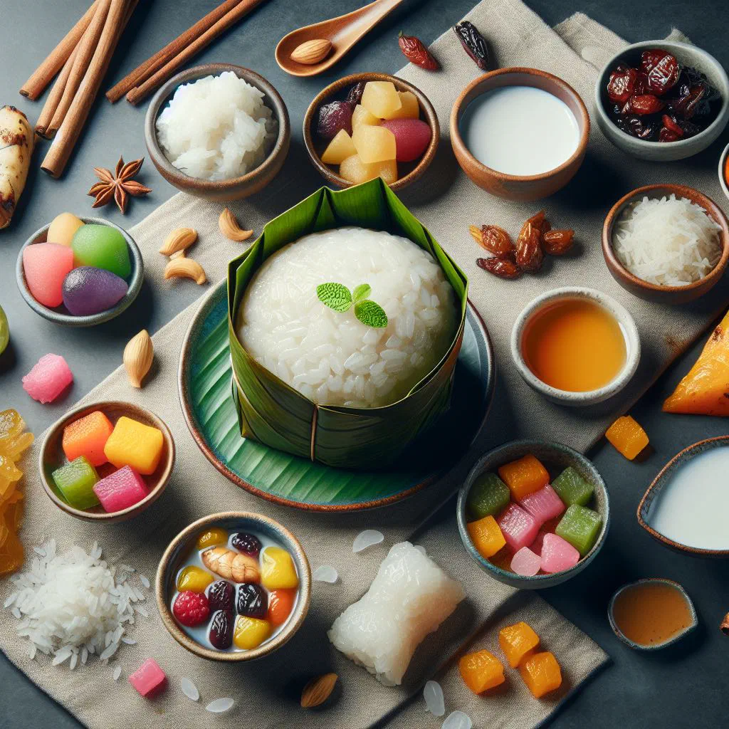 Khao Niew Sai sweet sticky rice topped with coconut sauce and sliced banana
