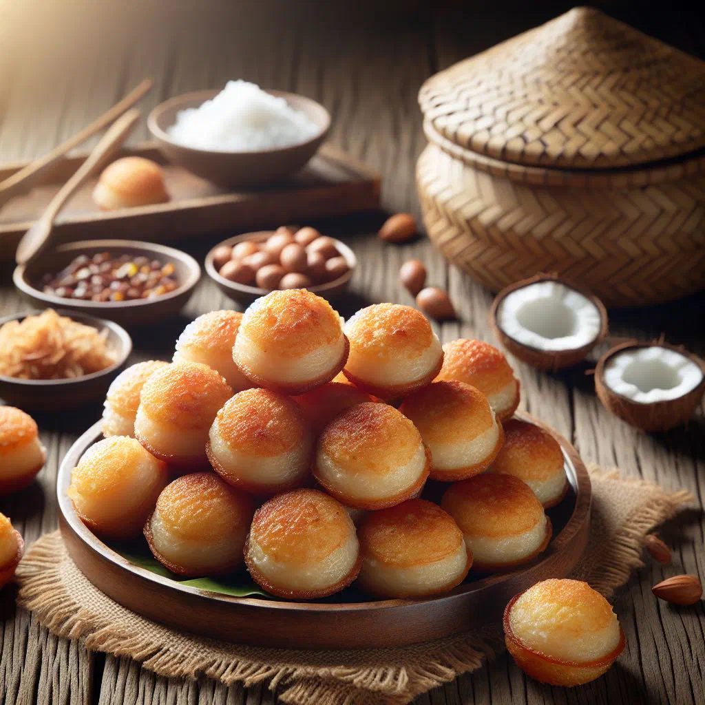 Small round coconut rice cakes on a serving plate