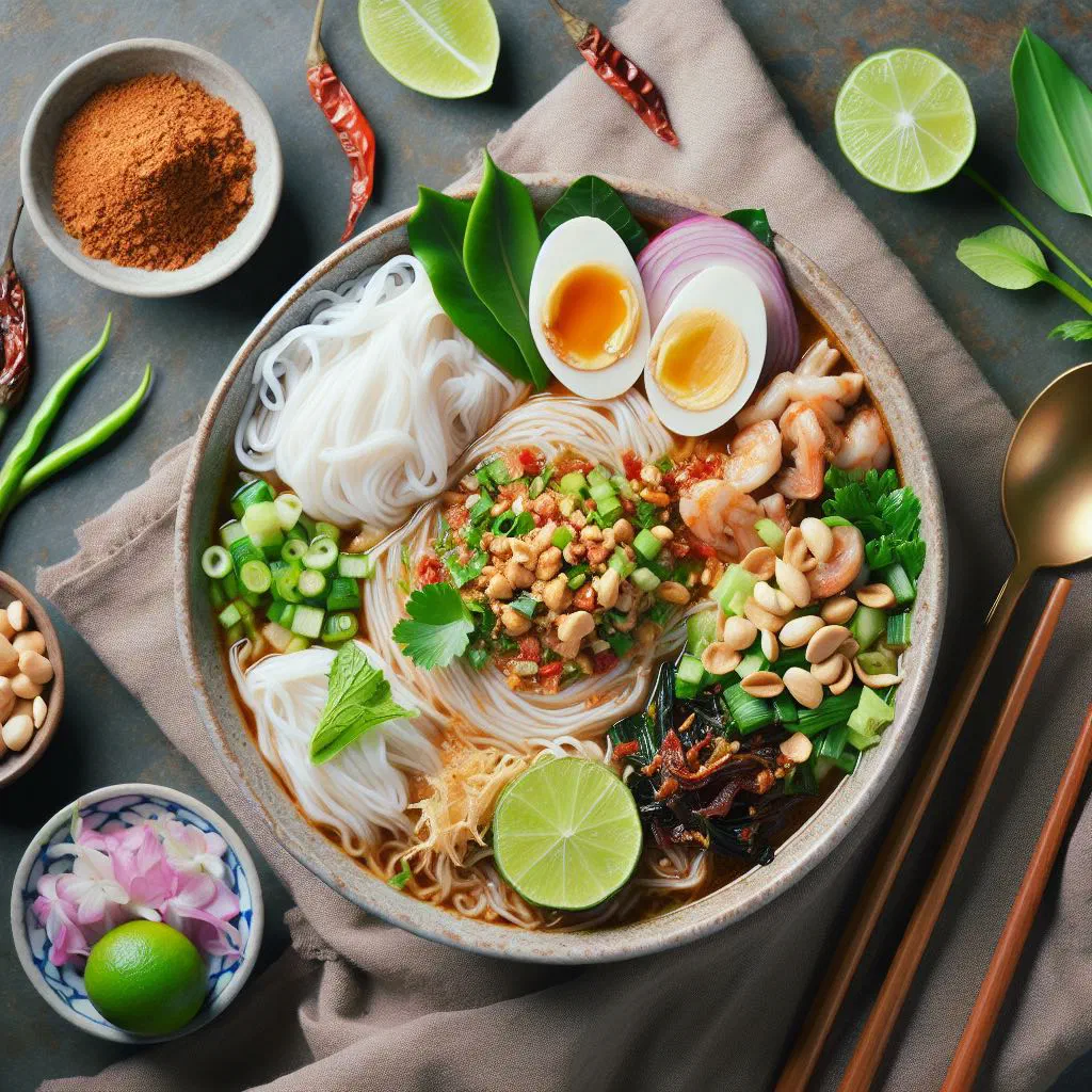 Bowl of khao phun rice noodle soup with fresh herbs and vegetables