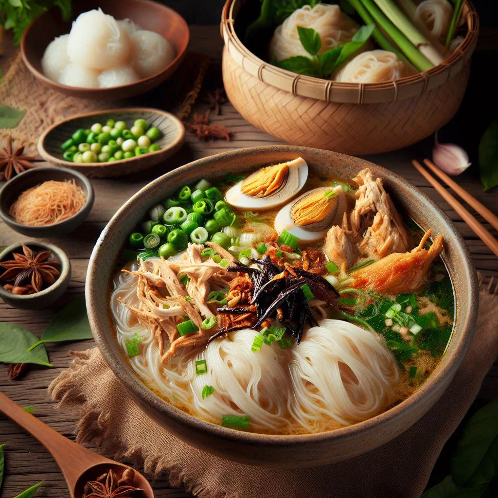 Bowl of Khao Poon rice noodle soup in coconut broth with fresh herbs