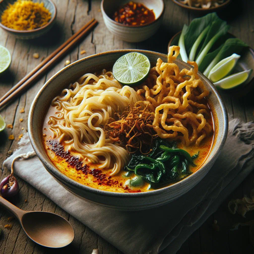 Bowl of Laotian khao soi noodle soup with chicken, fresh herbs and lime