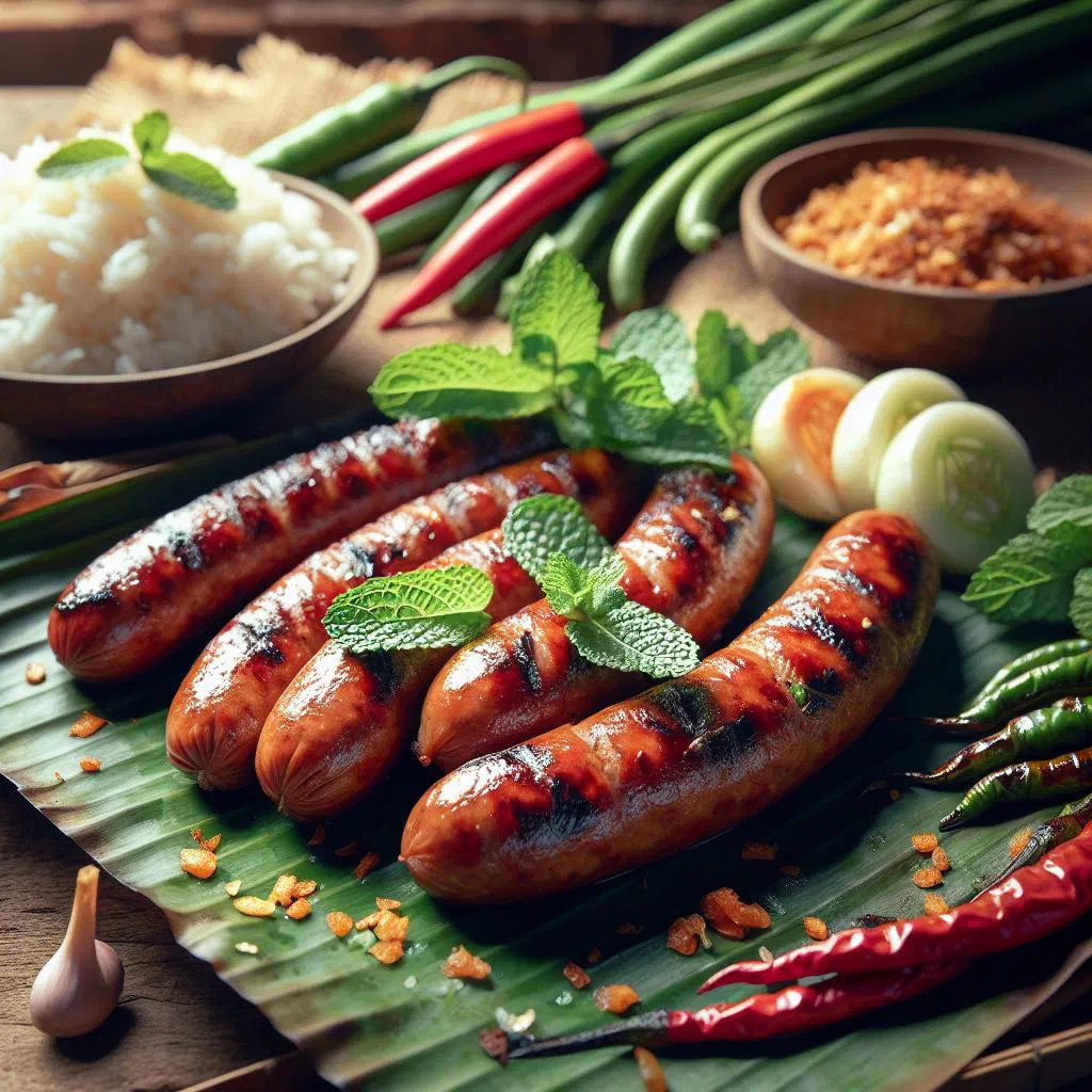 Grilled Lao-style sausages with fresh herbs and sticky rice