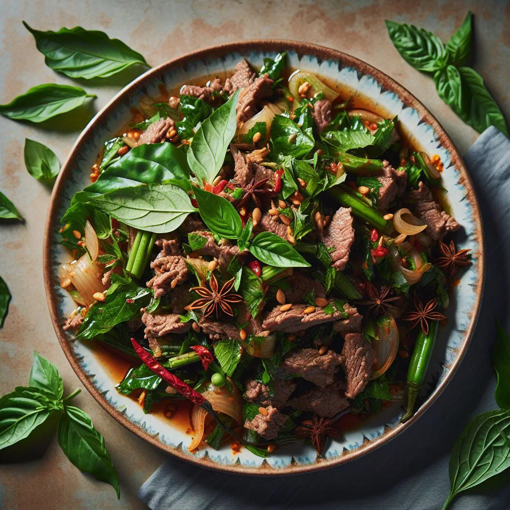 Laotian larb meat salad with fresh herbs served on lettuce leaves