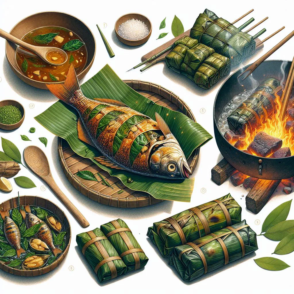 Steamed fish parcels of mok pa wrapped in banana leaves, garnished with fresh herbs