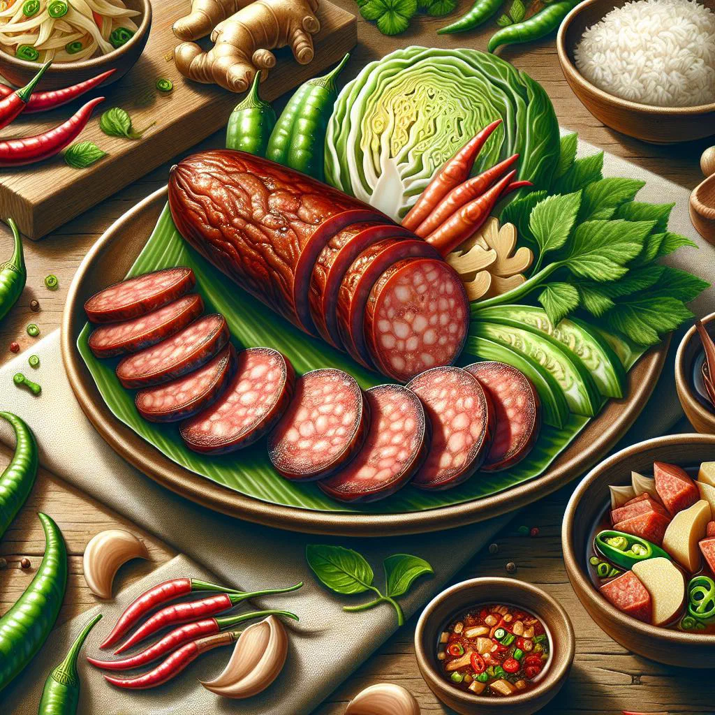 Naem moo pork patties with fresh herbs and lime wedges