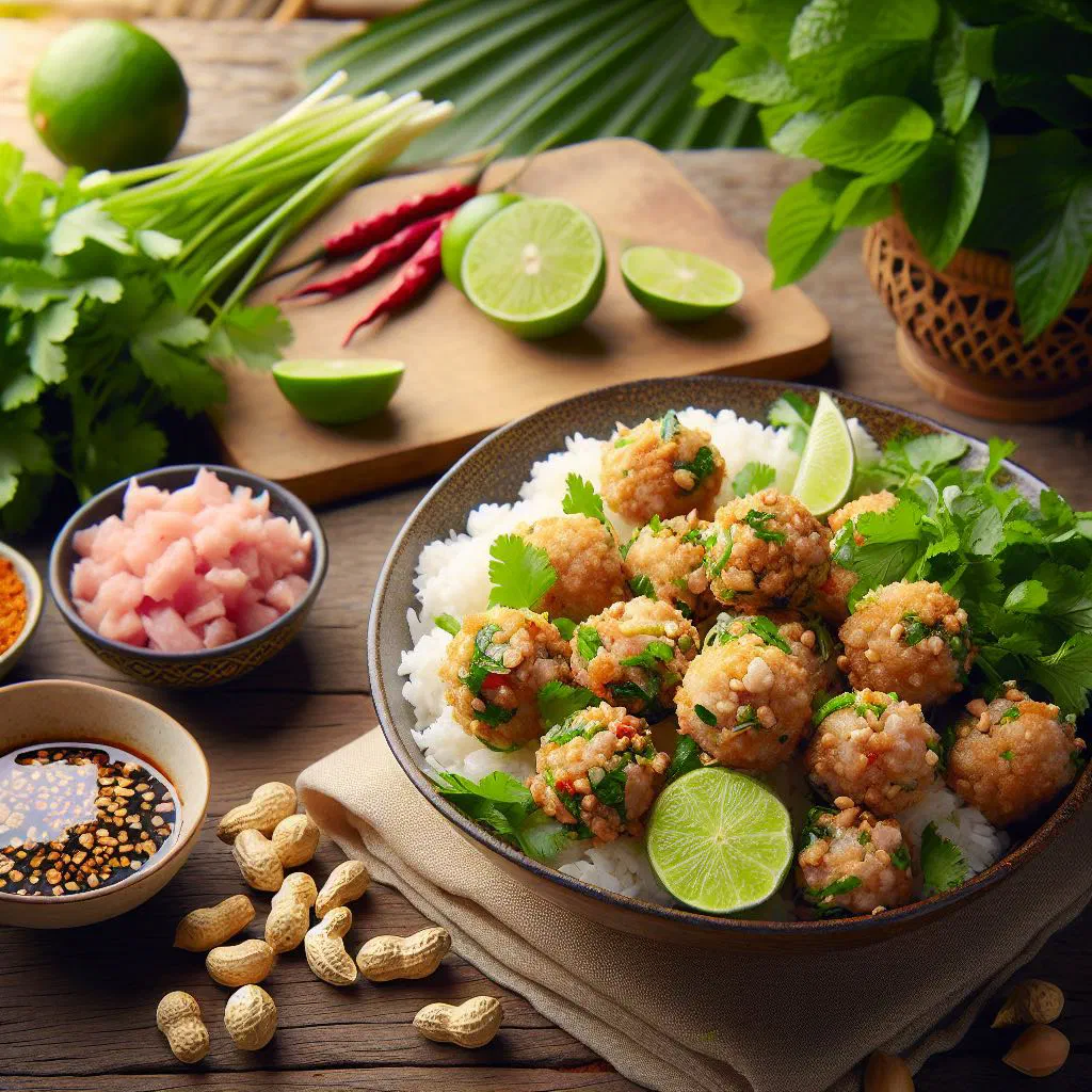 Nam khao crispy rice salad garnished with fresh herbs and peanuts