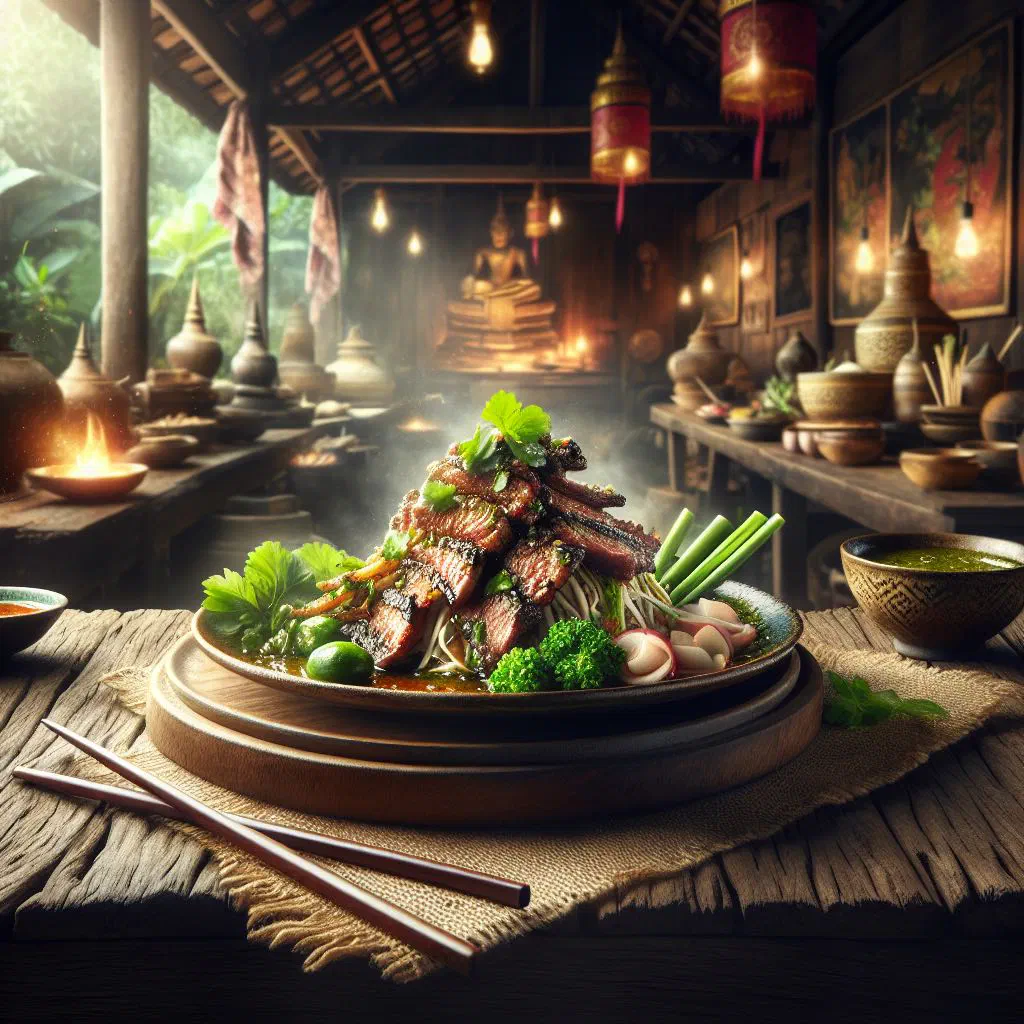 Nam tok with sliced grilled beef, fresh herbs and lime