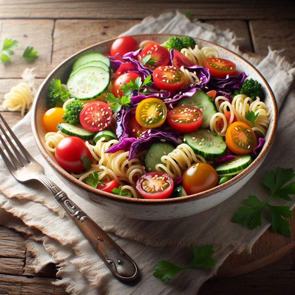 Fresh Laotian noodle salad with rice noodles, crisp vegetables, herbs and peanuts