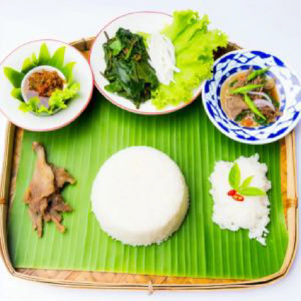 Phan Khao with steamed sticky rice, stir-fried vegetables and coriander