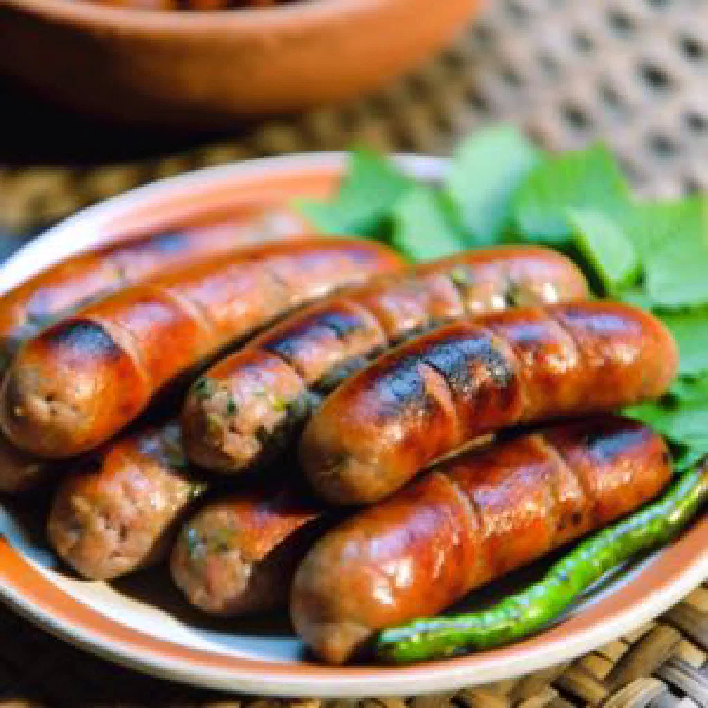 Grilled Lao herb sausages sliced on a wooden board with fresh herbs and lime