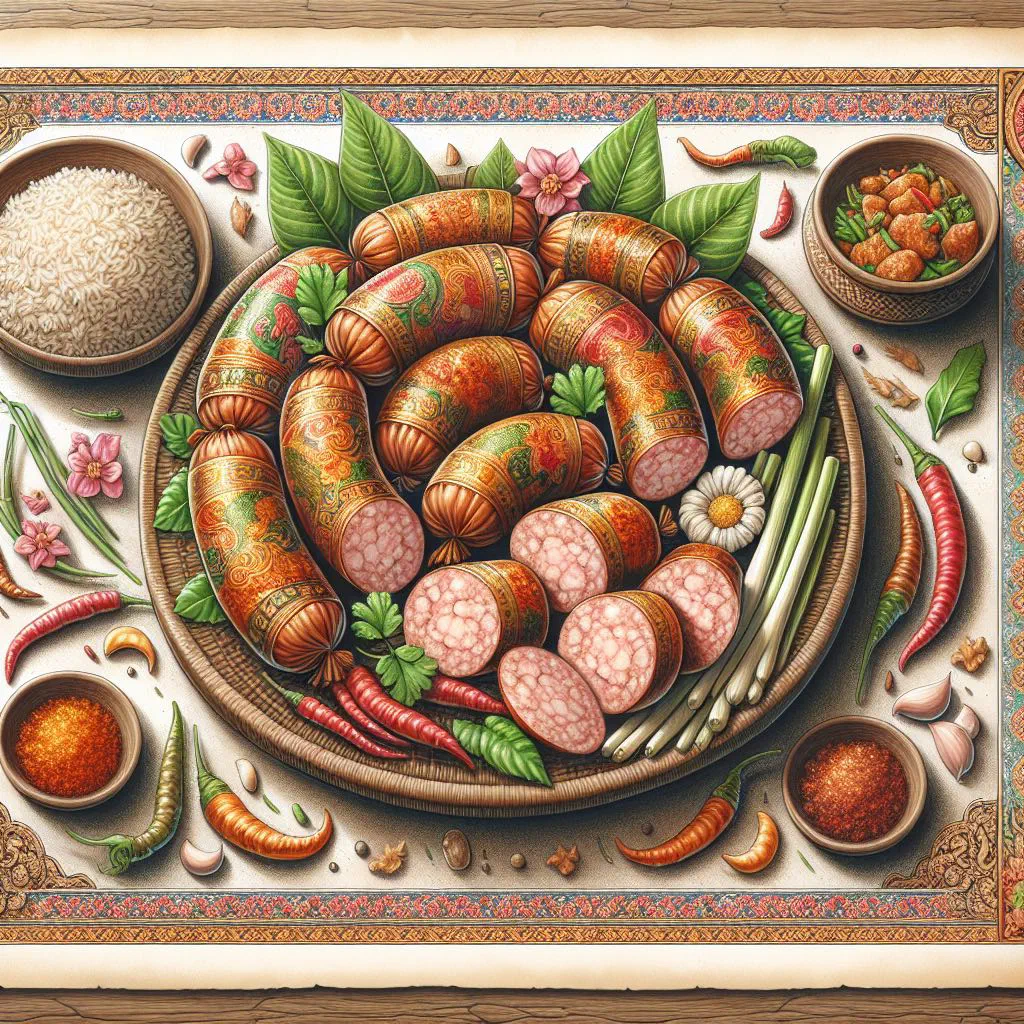 Grilled coils of Lao sai oua sausage garnished with fresh herbs