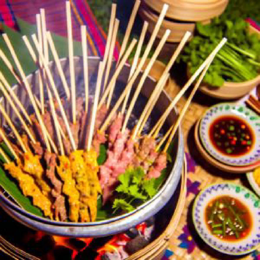 Grilled Sin Dat skewers garnished with fresh herbs and a chilli dipping sauce