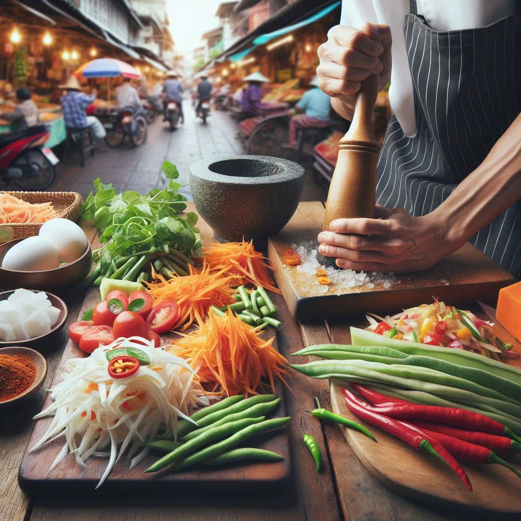 Green papaya salad with tomatoes, chillies and crushed peanuts