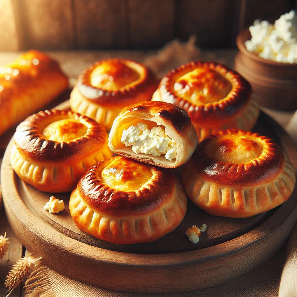 Golden baked Latvian curd cheese pastries dusted with icing sugar