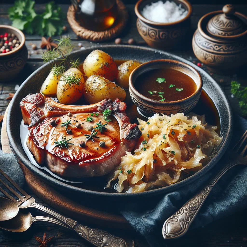 Golden pan-fried Latvian pork chops with onion rings and fresh parsley