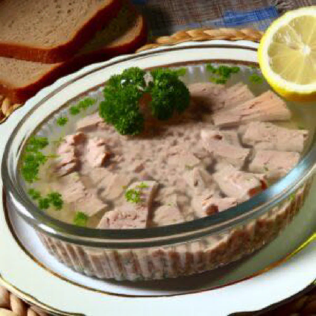Sliced Latvian galerts meat jelly garnished with fresh herbs