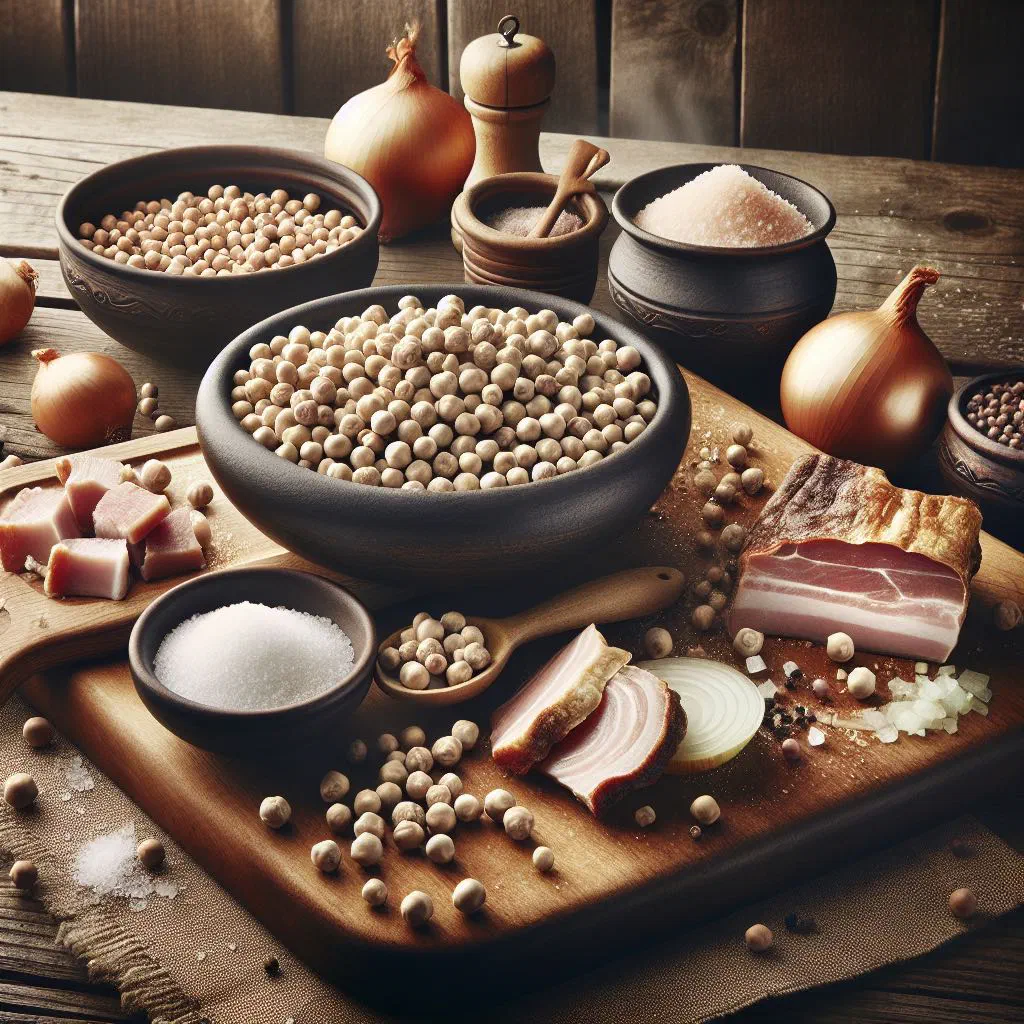 Bowl of Latvian grey peas with crispy bacon and fried onions