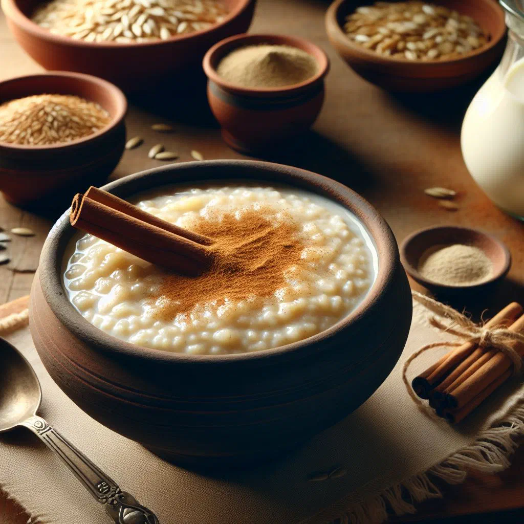 Bowl of Latvian buckwheat porridge topped with soured cream and fresh dill