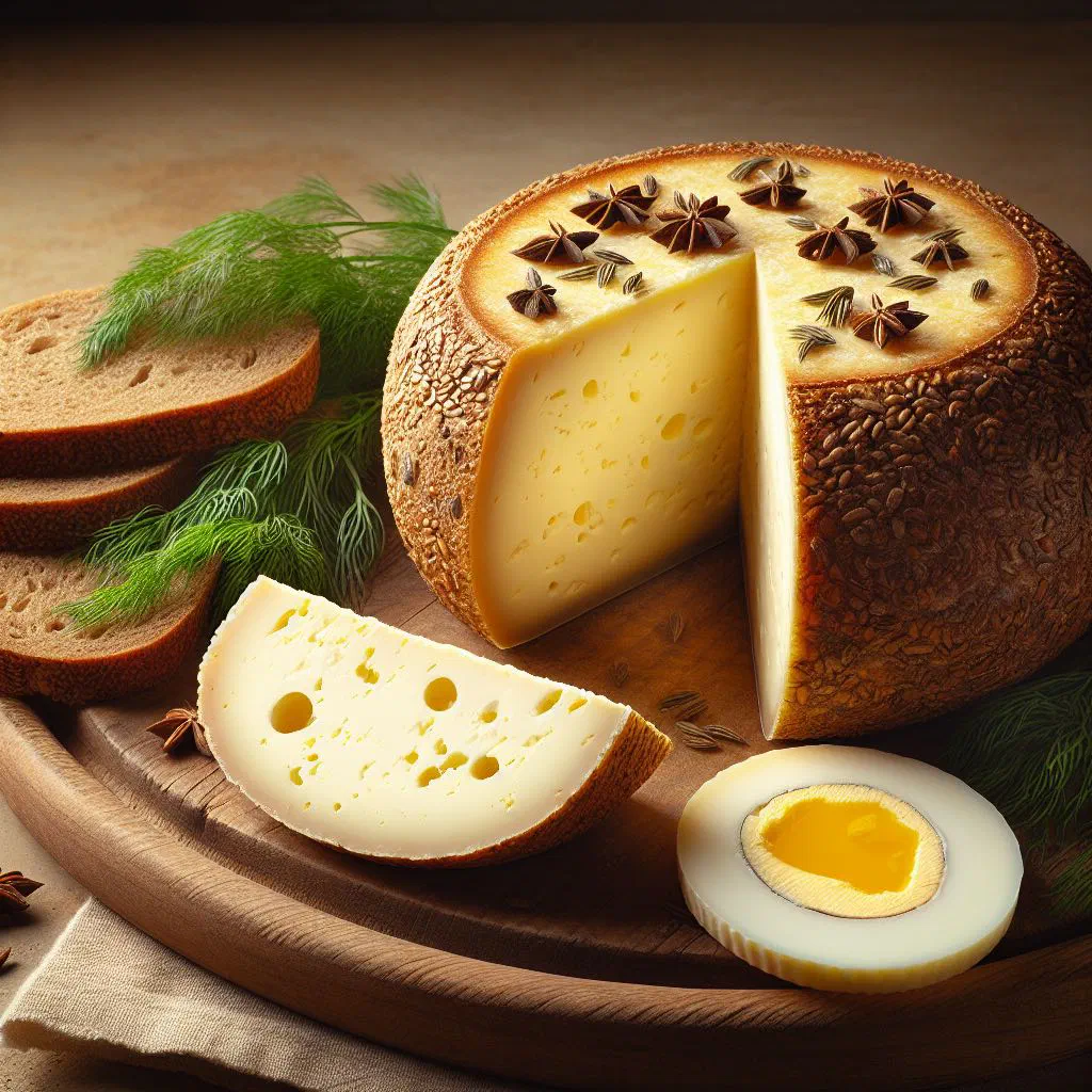 Round of Latvian caraway cheese sliced on a wooden board