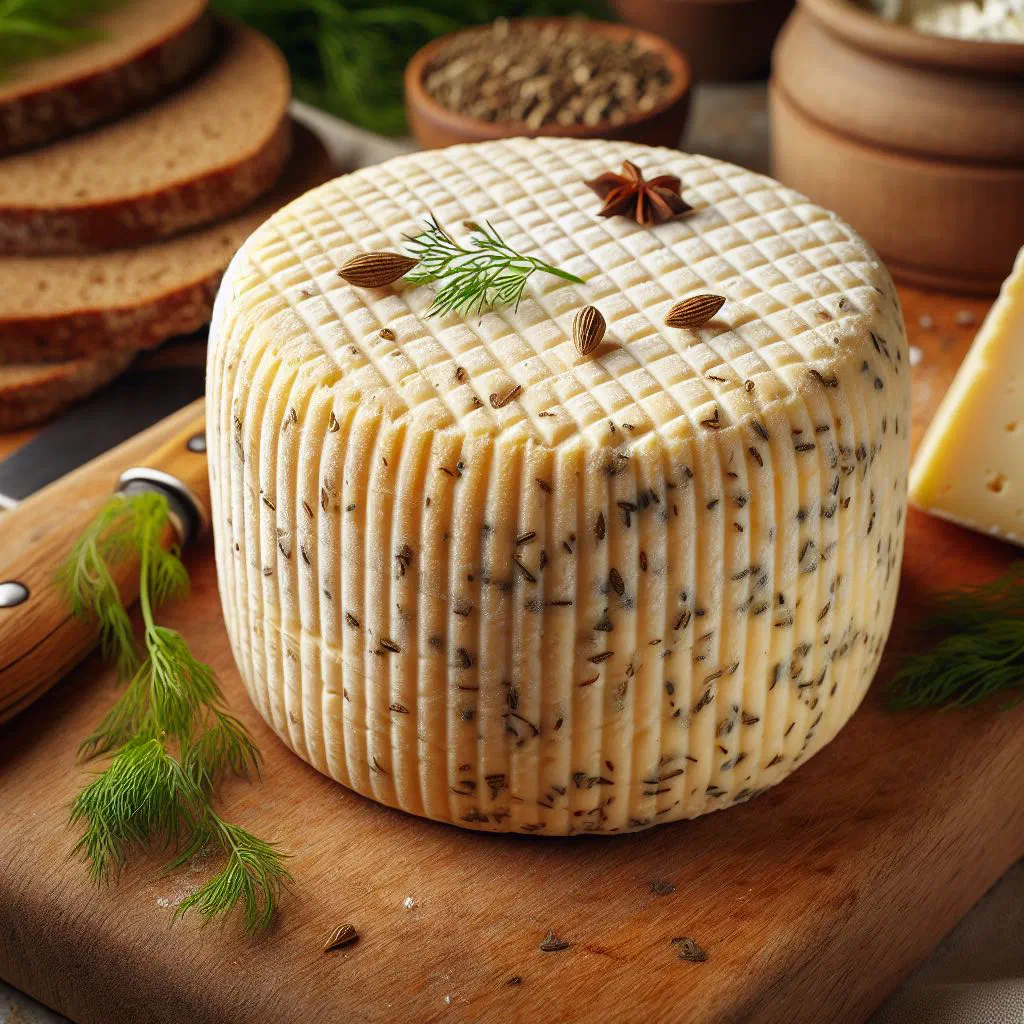 Creamy Latvian caraway cheese in a bowl with fresh herbs and rye bread
