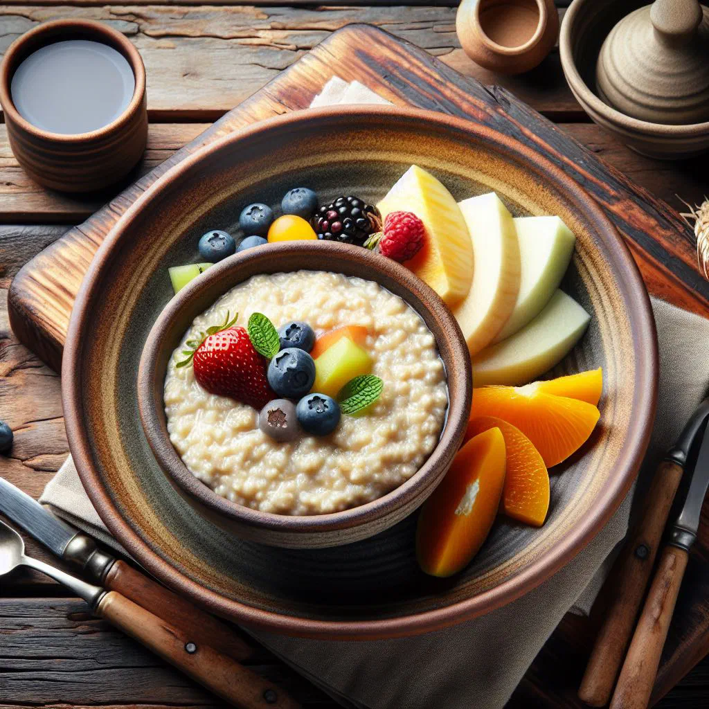A bowl of creamy Latvian oat porridge topped with fresh fruit and honey