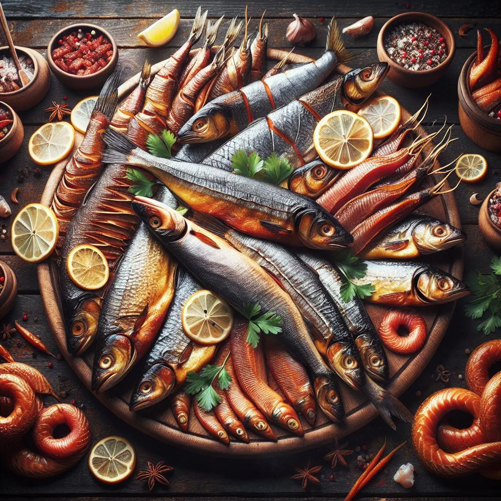 Platter of smoked fish with rye bread, mustard and fresh vegetables