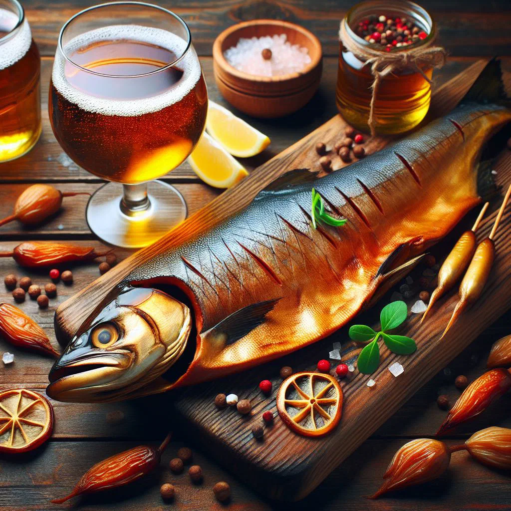 Golden smoked fish fillets on a wooden board with fresh dill and lemon