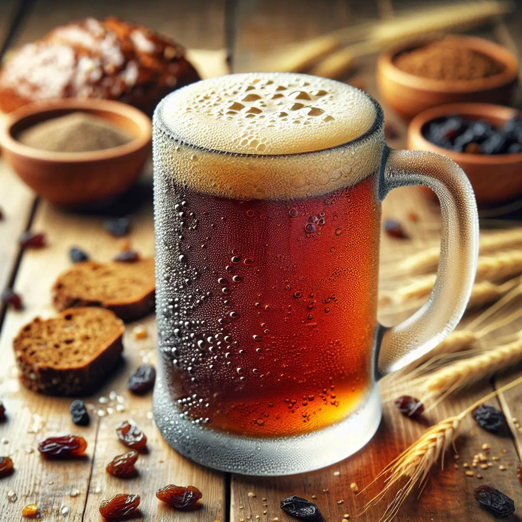 Chilled glass of dark Latvian kvass with rye bread alongside