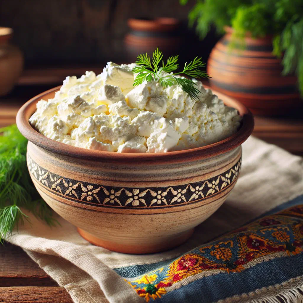 Bowl of fresh Latvian cottage cheese garnished with dill