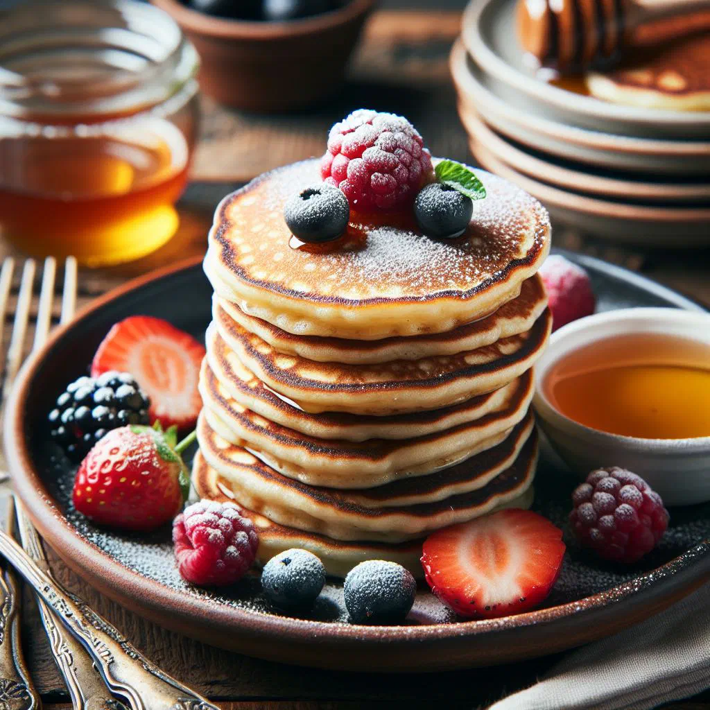 Small golden Latvian pancakes stacked on a plate with fresh berries
