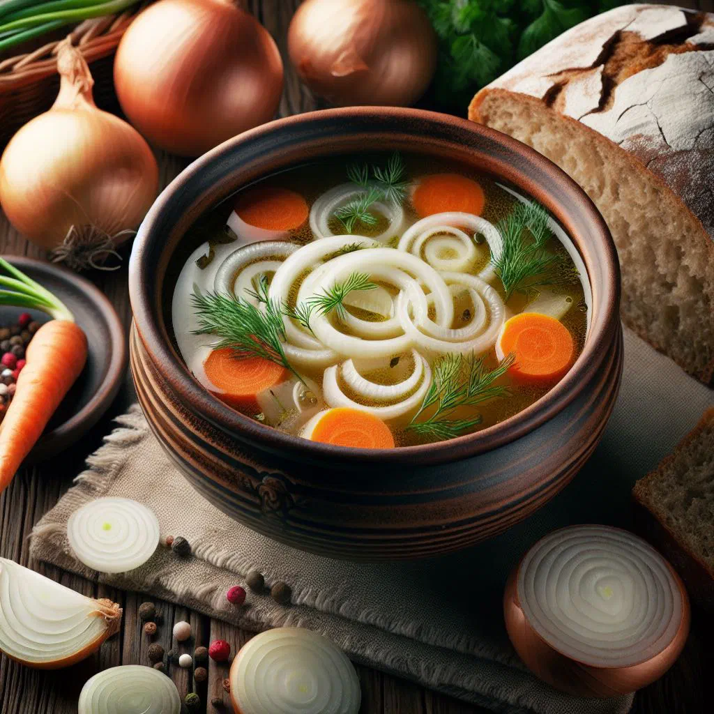Bowl of golden Latvian onion soup with fresh bread