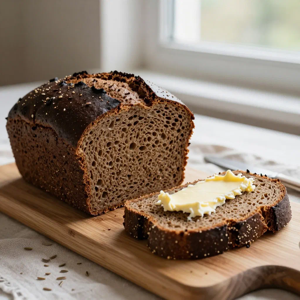 Sliced dark Latvian rye bread on a rustic wooden board