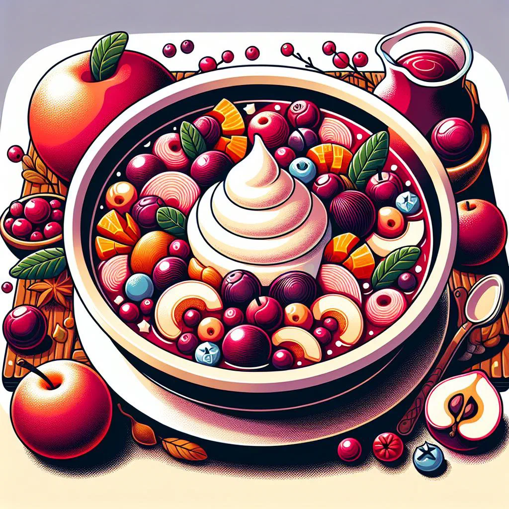 Chilled Latvian sweet fruit soup in a bowl with berries and mint