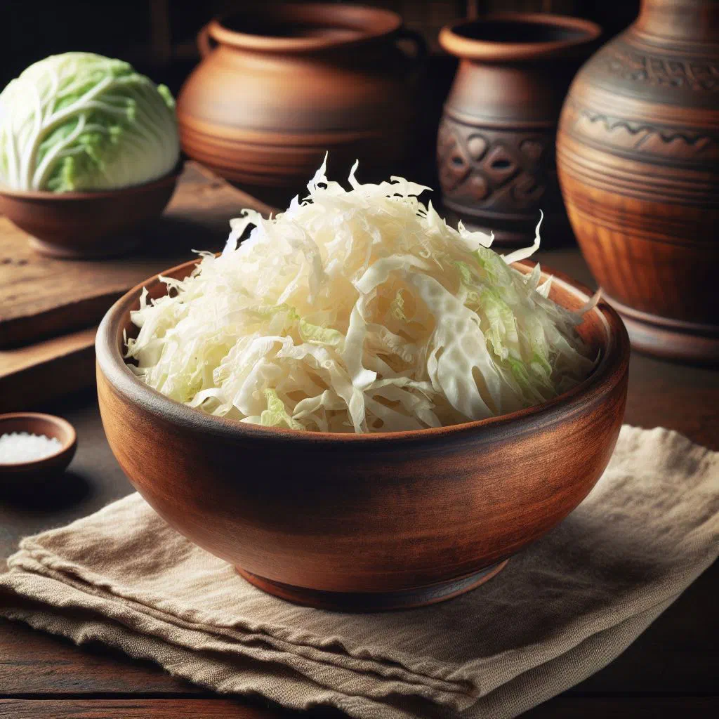 Bowl of Latvian fermented sauerkraut with grated carrot and caraway seeds