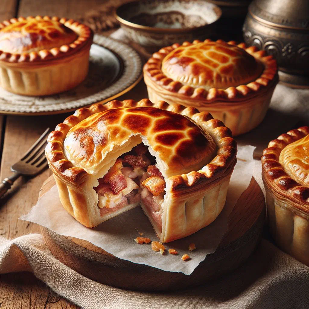 Golden Latvian bacon pastries piled on a wooden board