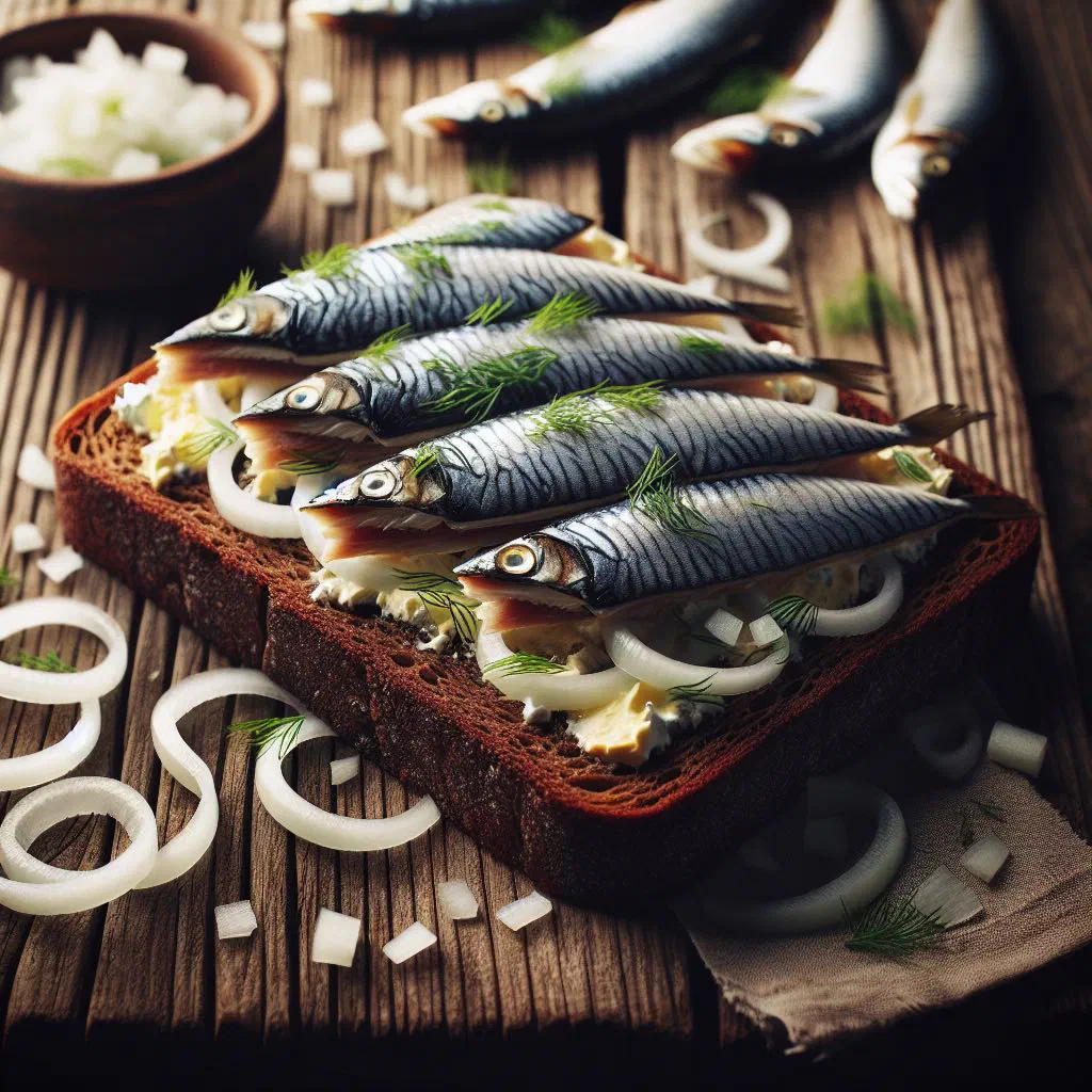 Latvian rye bread slices topped with herring butter, onion and dill