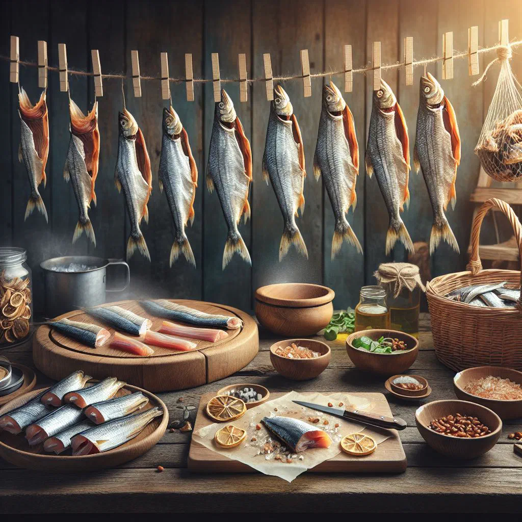 Dried Latvian fish on a wooden board with fresh dill