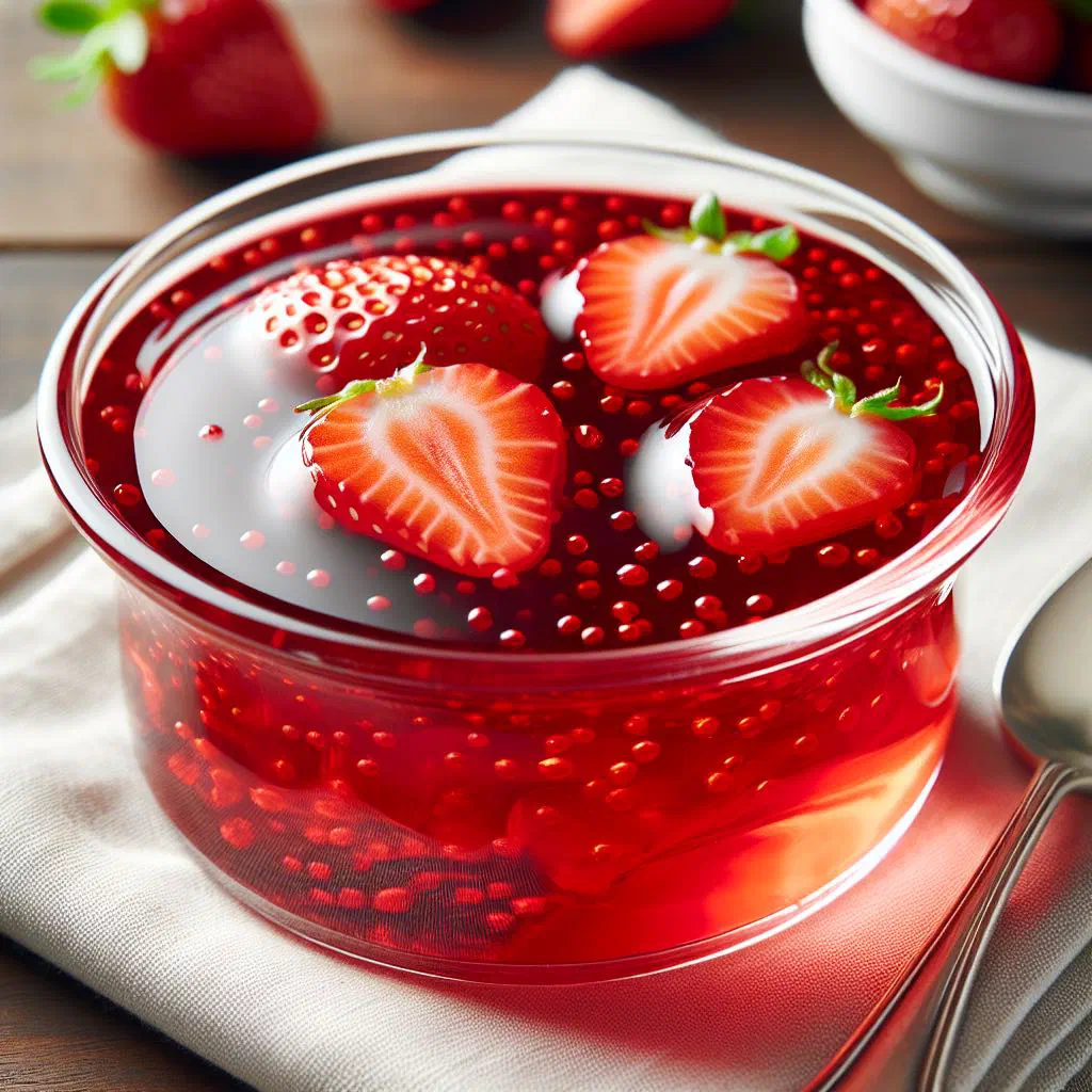 Glass of Latvian strawberry kissel topped with fresh strawberries