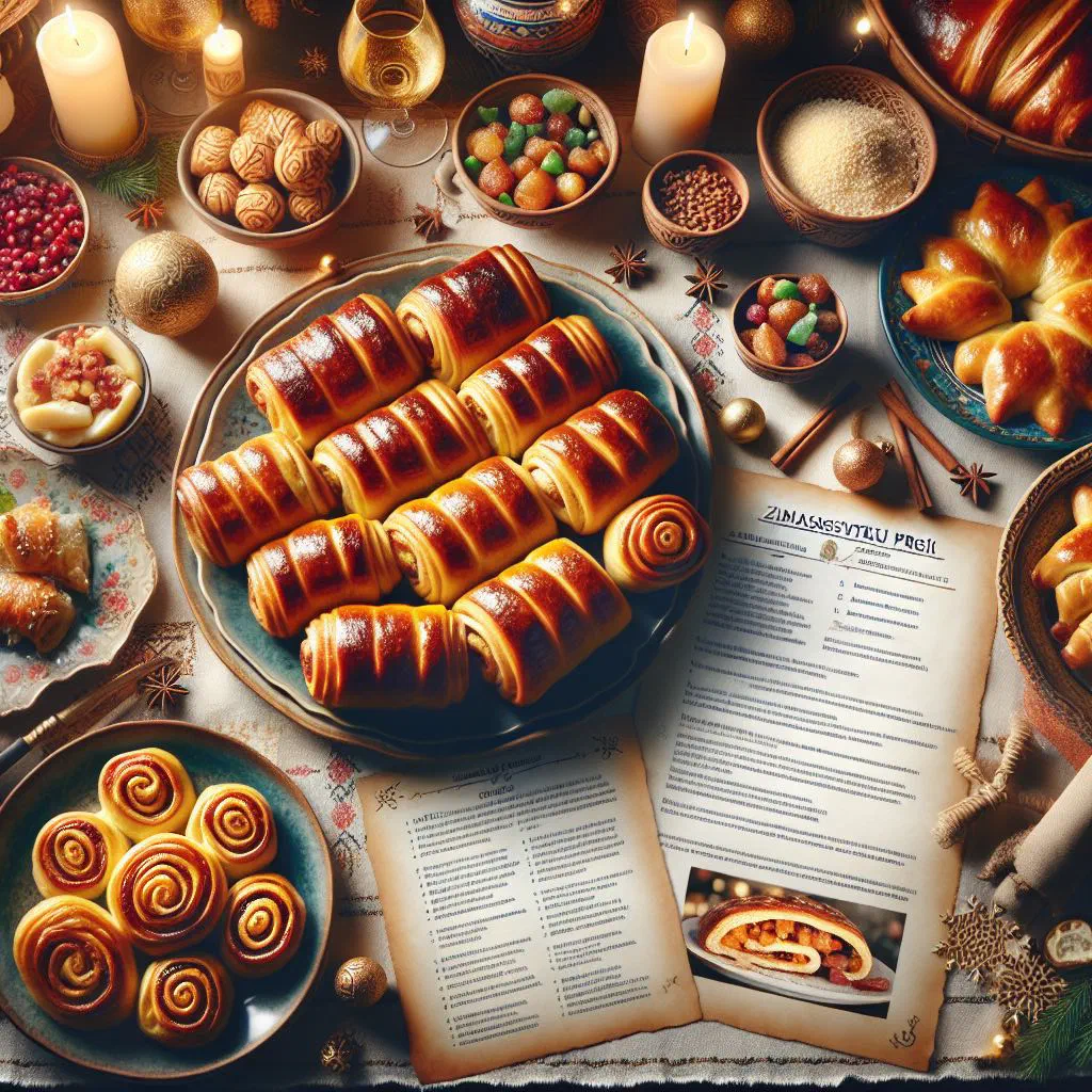 Golden Latvian Christmas pastries filled with meat and potato on a wooden board