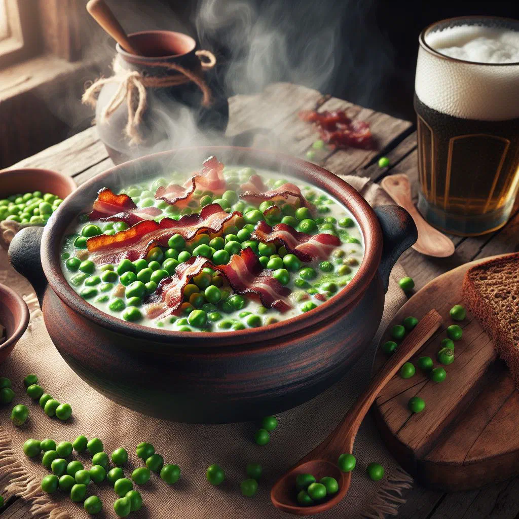 Latvian pea and bacon stew in a rustic bowl with crisp bacon and herbs