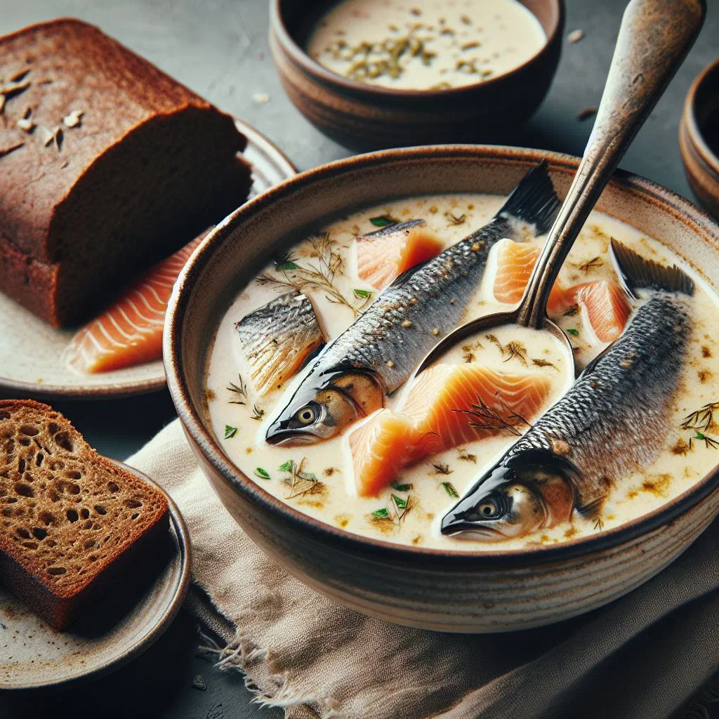 Creamy Latvian fish soup in a deep bowl, garnished with fresh dill
