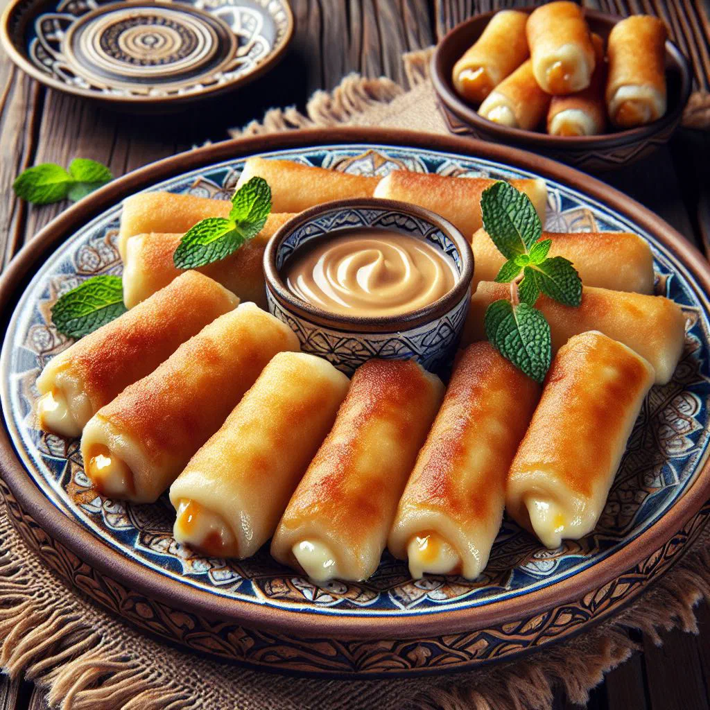 Golden crispy Akawi cheese rolls garnished with fresh herbs