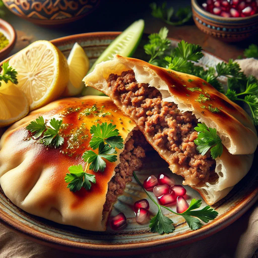Grilled arayes flatbreads filled with spiced minced meat, garnished with parsley
