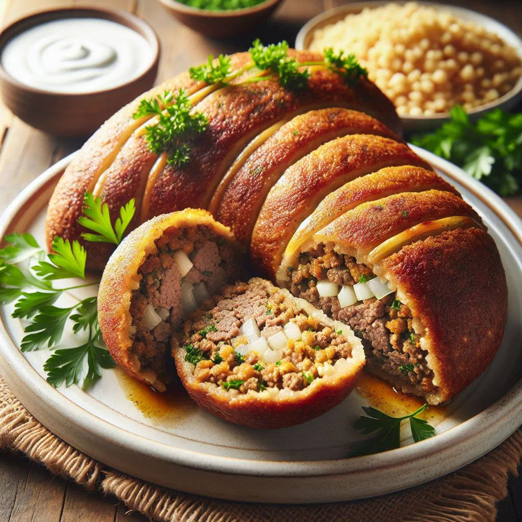 Golden baked kibbeh in a dish, garnished with pine nuts and parsley